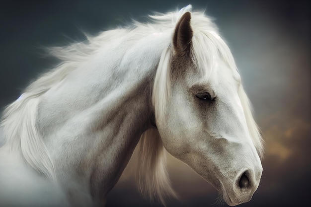 Profile portrait of beautiful white horse blurred background