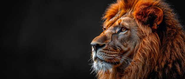 Profile portrait of a black African lion a majestic king of animals proudly dreaming and looking forward to the future Stylized photo banner with copy space for text