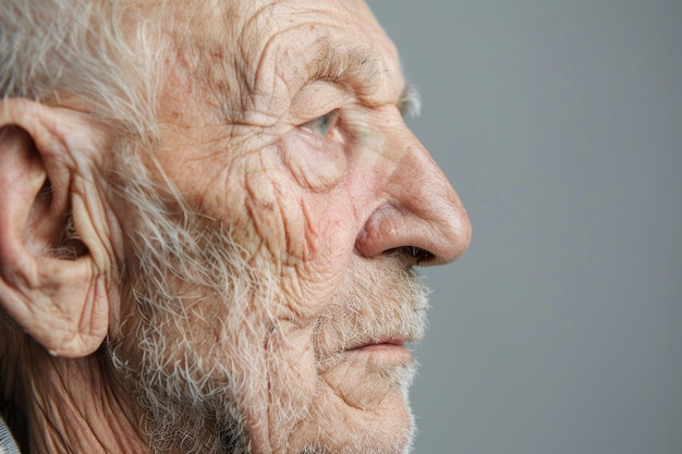 Profile portrait of elderly man with wrinkled skin Isolated on white background