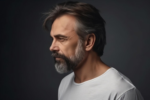 Profile portrait of middle aged bearded man in white t shirt over grey studio background copy space side view of handsome confident man posing on gray standing straight and looking aside