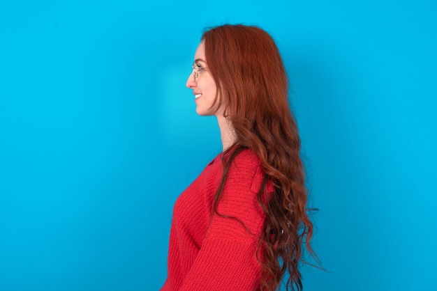 Profile portrait of nice woman look empty space toothy smile