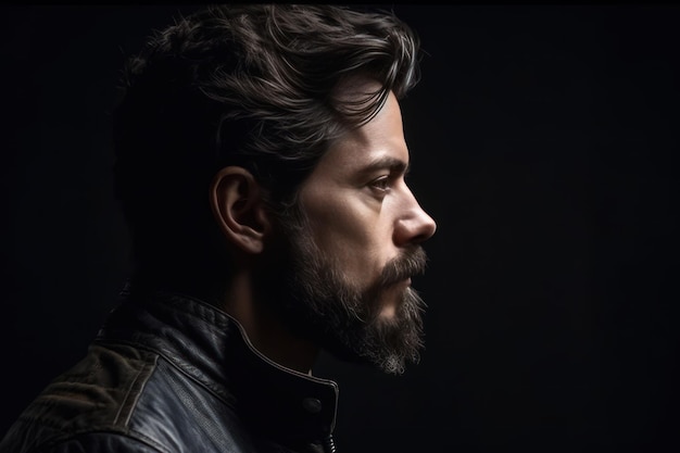 Profile portrait serious brunette man with beard looking away against black background