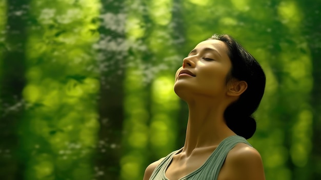 Profile of a relaxed woman breathing fresh air in a green forest