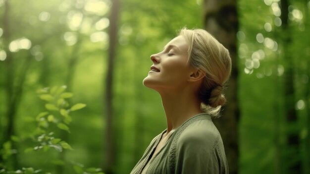 Foto profilo di una donna rilassata che respira aria fresca in una foresta verde