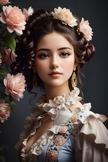 Снимок профиля красивой молодой женщины с цветами в волосах генеративный ай