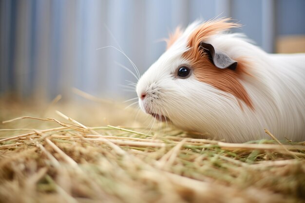 Profile shot of guinea pig amidst hay