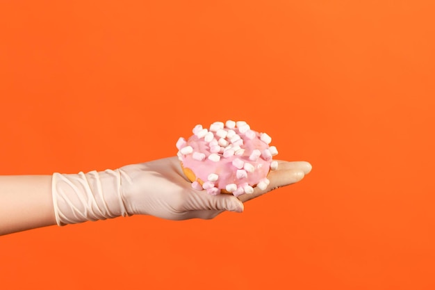 Profile side view closeup of human hand in white surgical gloves holding pink yummy donut.