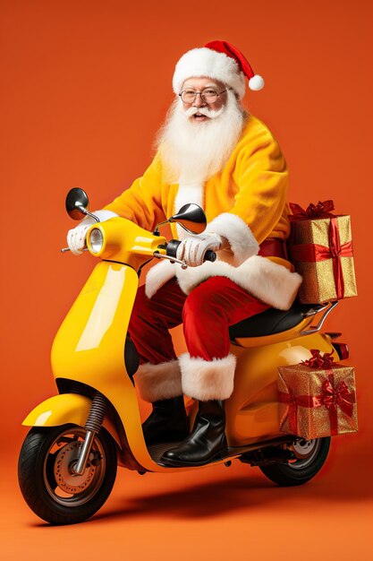 Profile side view of funny fat whitehaired santa riding moped isolated on red color background