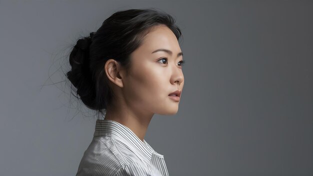 Profile side view portrait of asian young woman indoor studio shot isolated on light grey backgrou