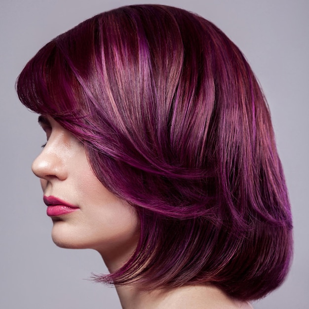 Profile side view portrait model woman with short purple colored hairstyle and makeup