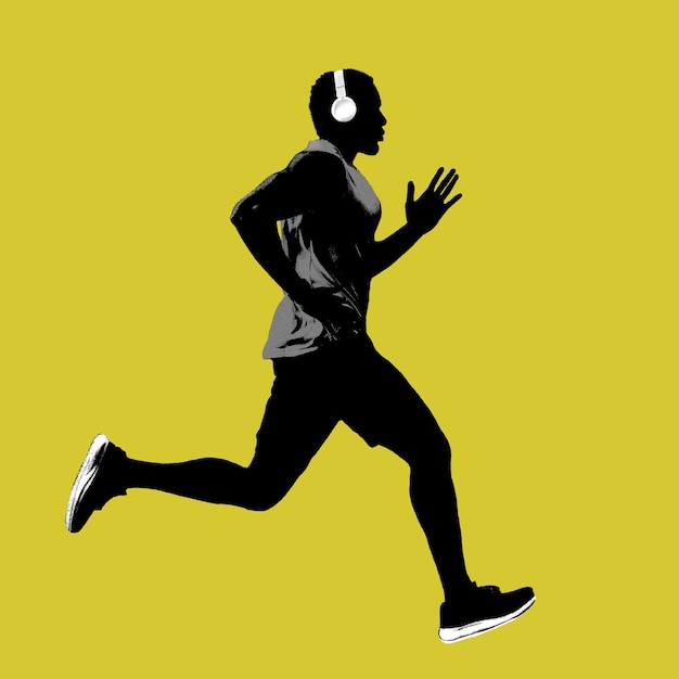 Profile side view silhouette of runner man isolated on yellow background