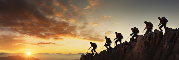 Photo a profile silhouette shot of a group of climbing climbers teamwork at sunset full body portrai