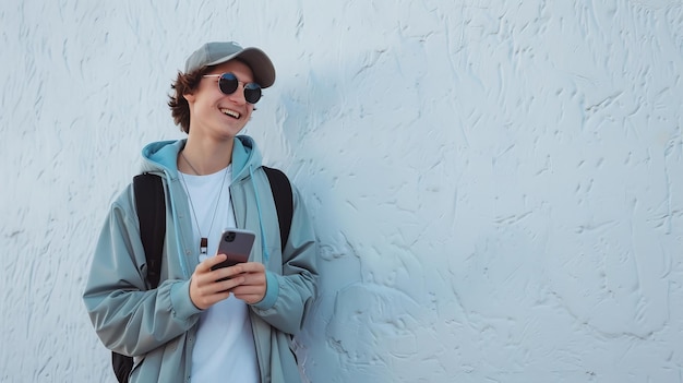 Profile of smiling high school student boy wearing shades and snapback holding mobile phone