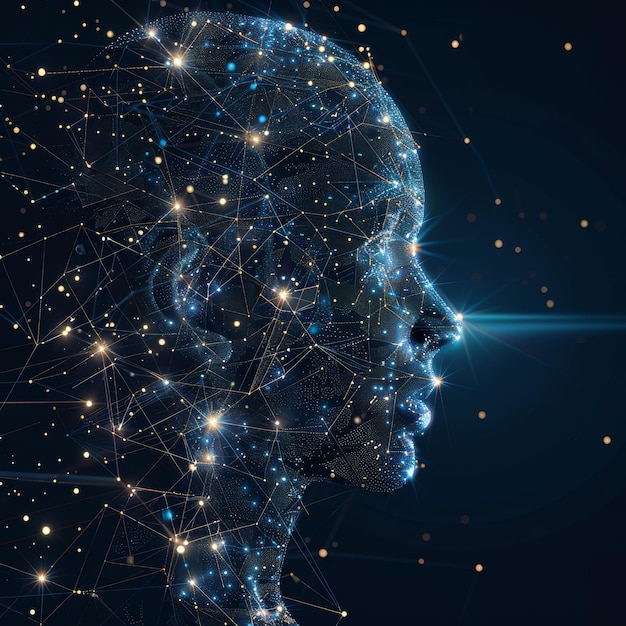 profile view of an ai head made up entirely from glowing blue dots and lines