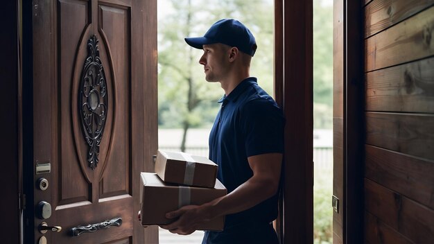 Photo profile view of an attractive young delivery guy with some packages waiting for the door to open