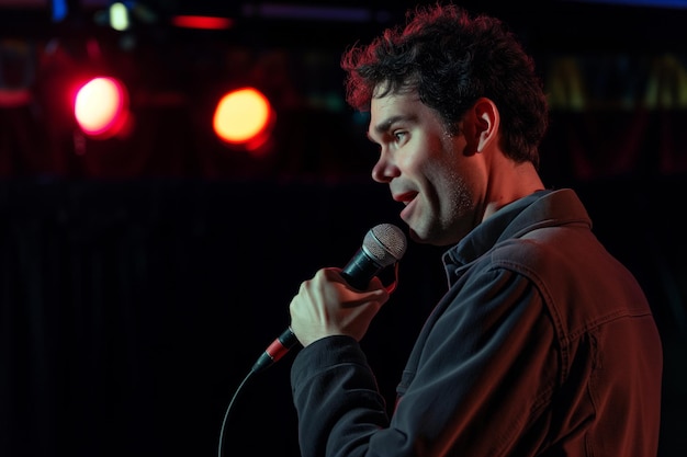 Profile view of comedian talking into microphone