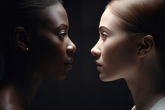 Photo profile view of diverse women gazing to each other generate ai