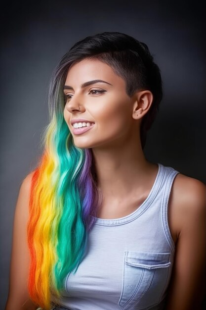 Profile view of LGBTQ woman rainbow hair wearing white sleeveless shirt Ai Generated