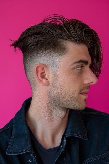 Profile view of a trendy undercut hairstyle with a side part on a man against a pink background