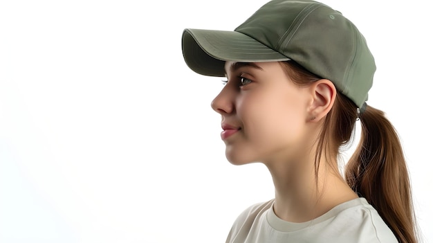 Foto visto dal profilo di una giovane donna con un berretto da baseball in stile casual perfetto per l'ai di marketing di lifestyle e abbigliamento