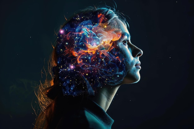 Profile of a woman with the cosmos as a brain The scientific concept The brain and creativity