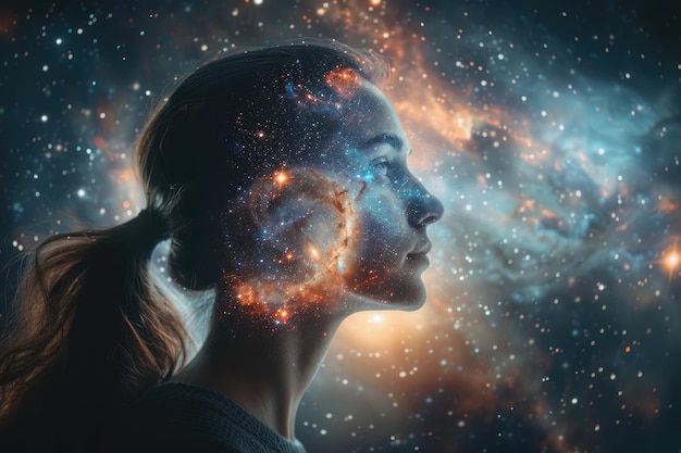 Profile of a woman with the cosmos as a brain The scientific concept The brain and creativity