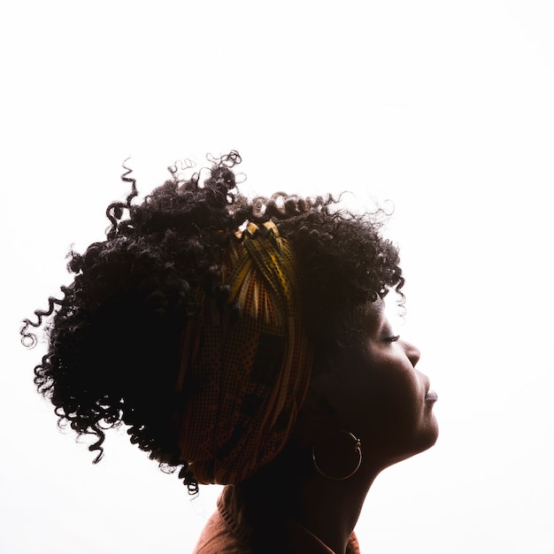 Foto profilo di giovane femmina afroamericana riccia su sfondo bianco