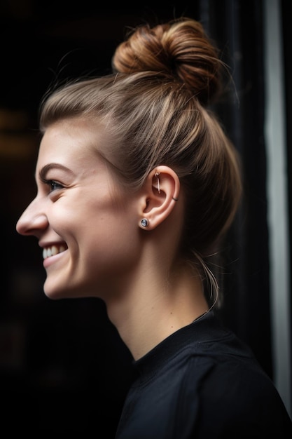 Profile of a young woman with her hair in a bun smiling at the camera created with generative ai