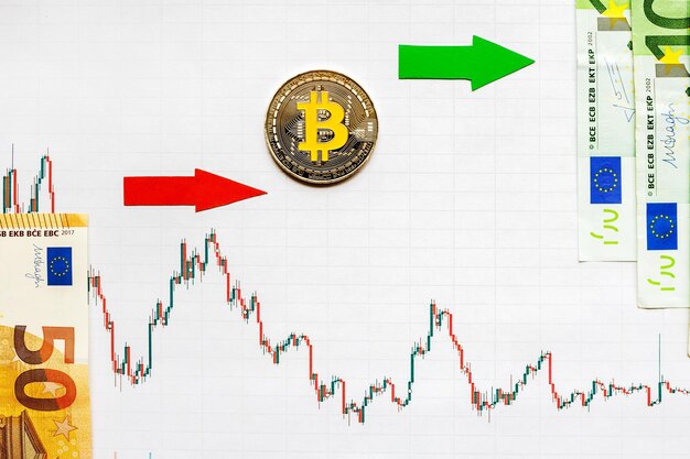 Profitable investment of virtual money bitcoin Green red arrow and silver Bitcoin on paper forex chart index rating go up on exchange market background Concept of appreciation of cryptocurrency