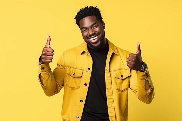 Profitable Prosperity Exuberant Black Man Celebrates Financial Success with Thumbs Up Gestures in Y