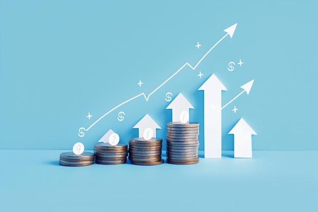 Profitable return coins stack with arrow rising investment concept