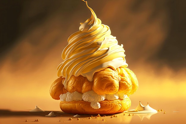 Profiteroles with custard and whipped cream on golden background