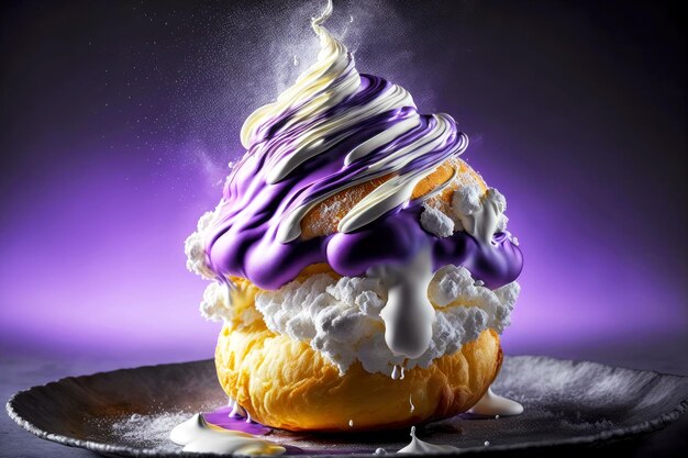 Profiteroles with mixture of white and purple cream on gray plate on purple background