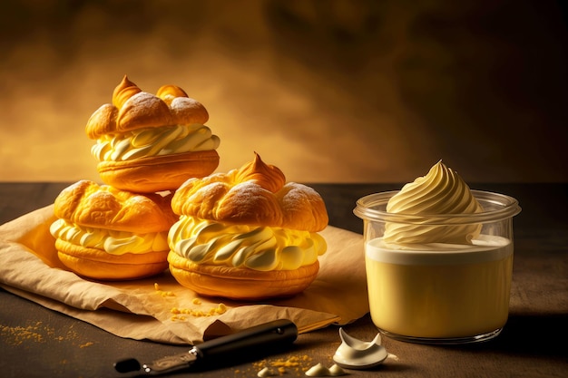 Profiteroles with whipped cream sprinkled with powdered sugar on parchment with glass of cream