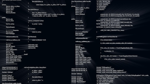 The program code in the computer monitor. Light rays come from the code. 3d illustration