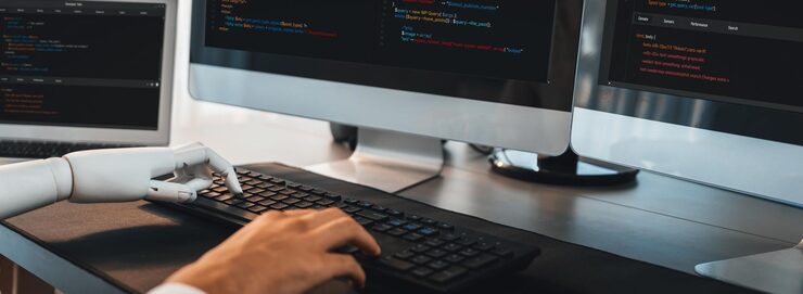 Photo program coding automation by generative artificial intelligence or ai concept collaboration between robotic hand and human software developer solving debugging or writing scripttrailblazing