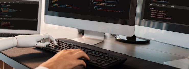 Photo program coding automation by generative artificial intelligence or ai concept collaboration between robotic hand and human software developer solving debugging or writing scripttrailblazing