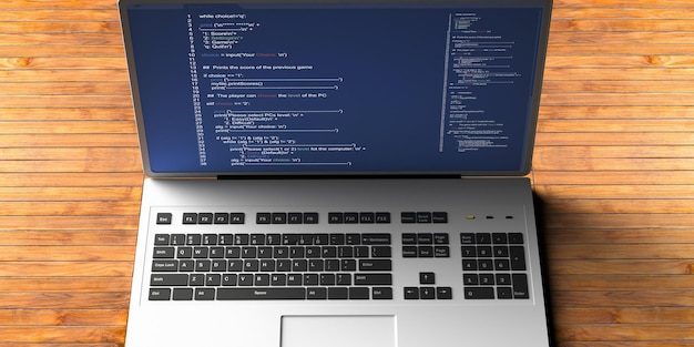 Programmeercode op een laptop scherm bureau achtergrond 3d illustratie