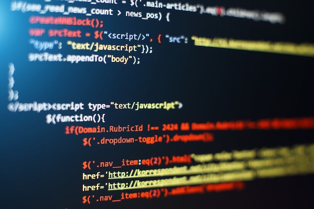 Programmeercode voor softwareontwikkelaars. Abstracte computerscriptcode. Selectieve focus