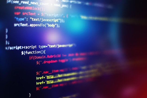 Programmeercode voor softwareontwikkelaars. Abstracte computerscriptcode. Selectieve focus