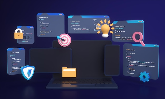 Programmeercode voor webontwikkeling of app-ontwikkeling en webdesign op computer voor seo 3D-achtergrond