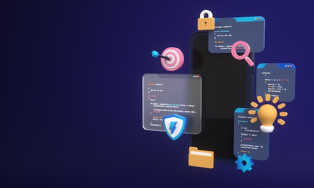 Programmeercode voor webontwikkeling of app-ontwikkeling en webdesign op telefoon voor seo 3D-achtergrond