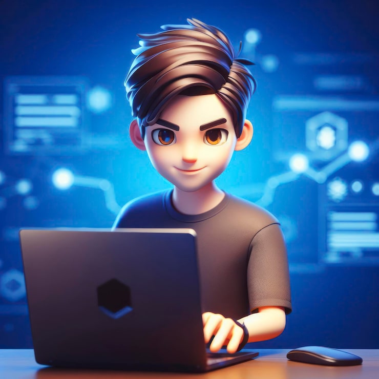 Photo programmer 3d character game developer or coder guy in uses computer laptop ai generative