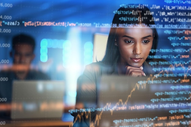 Programmer code and woman with focus holographic and digital software with cyber security futuristic and coding Female person coder and employee with data analysis research and concentration