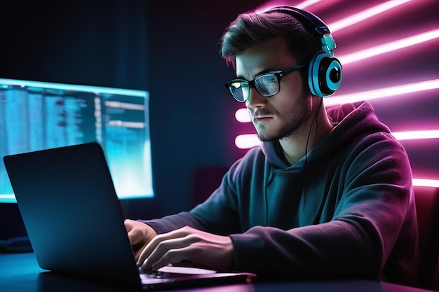 programmer or coder programming on computer text of code of program portrait man working