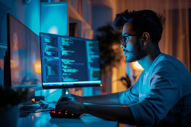 Programmer Coding at Night Software Developer Workspace en Tech Setup voor LateNight Coding