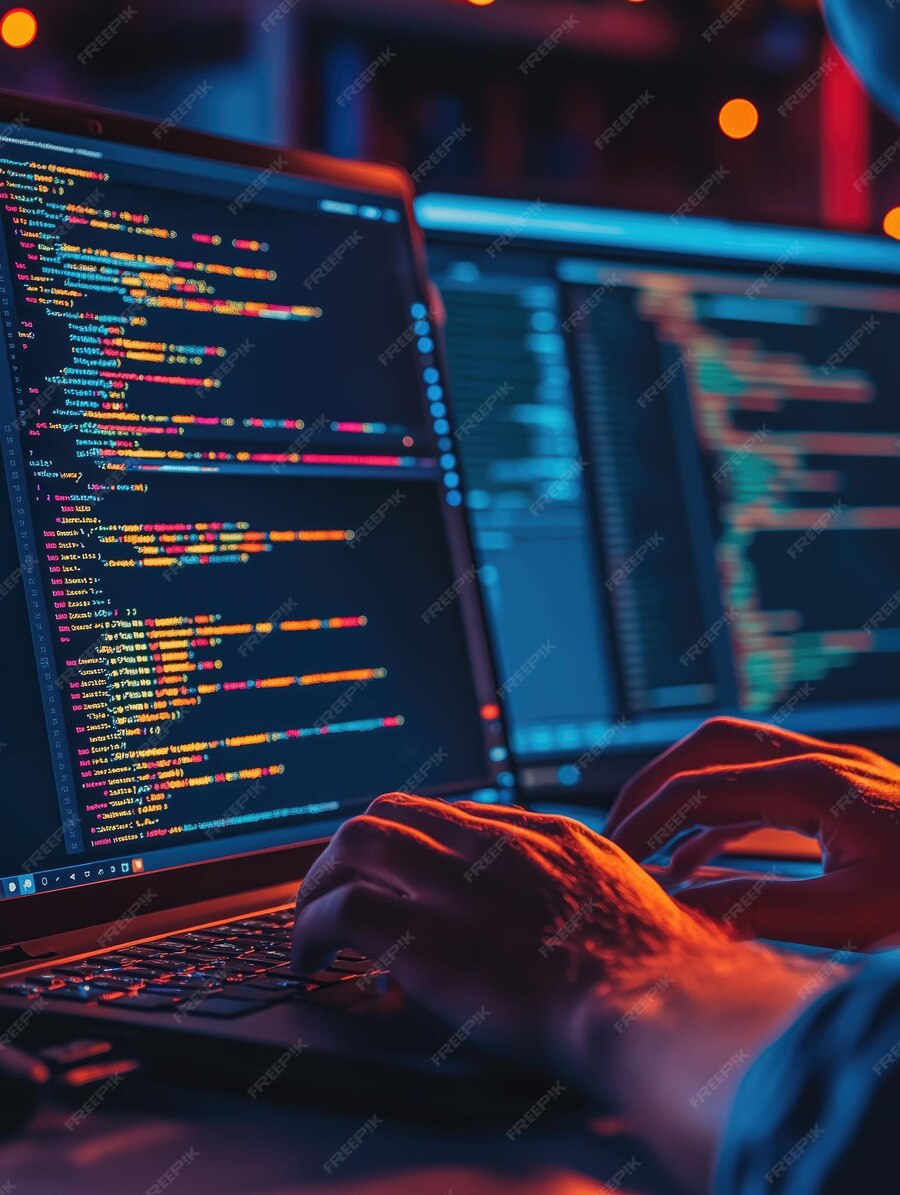 Programmer coding code lines at work with hands at laptop programming ...