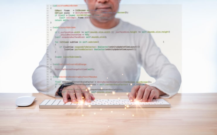 Photo programmer coding compiler encode debug and developer application software for business corporate with laptop computer man programming coding web app from work at home code show screen monitor