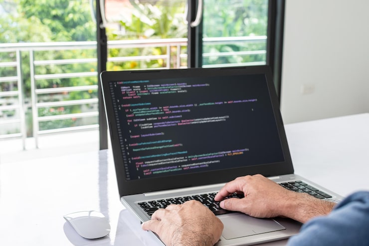 Photo programmer coding compiler encode debug and developer application software for business corporate