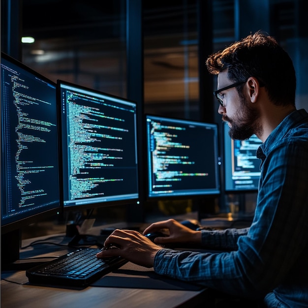a programmer coding in a modern environment with multiple monitors displaying code and development